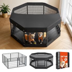 Dog Playpen 24 Inch 8 Panels Heavy Duty with Top Cover & Bottom Pad, Indoor Foldable Metal Exercise Pen Pet Fence with Door